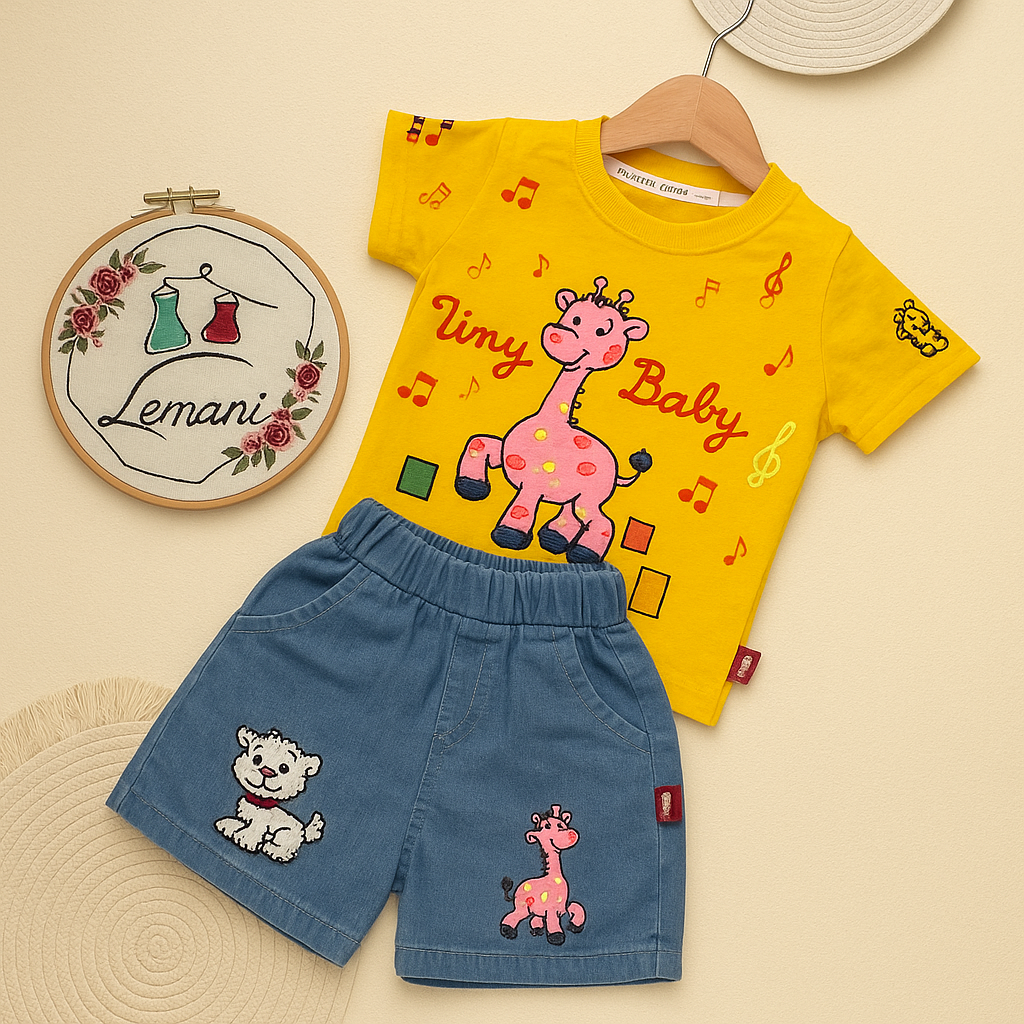 تیشرت با شلوارک جین دخترانه زرافه سایز ۱تا۵سال